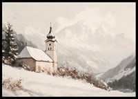 A poster with a quiet church surrounded by a snow-covered alpine landscape, which radiates calm and peace.-6
