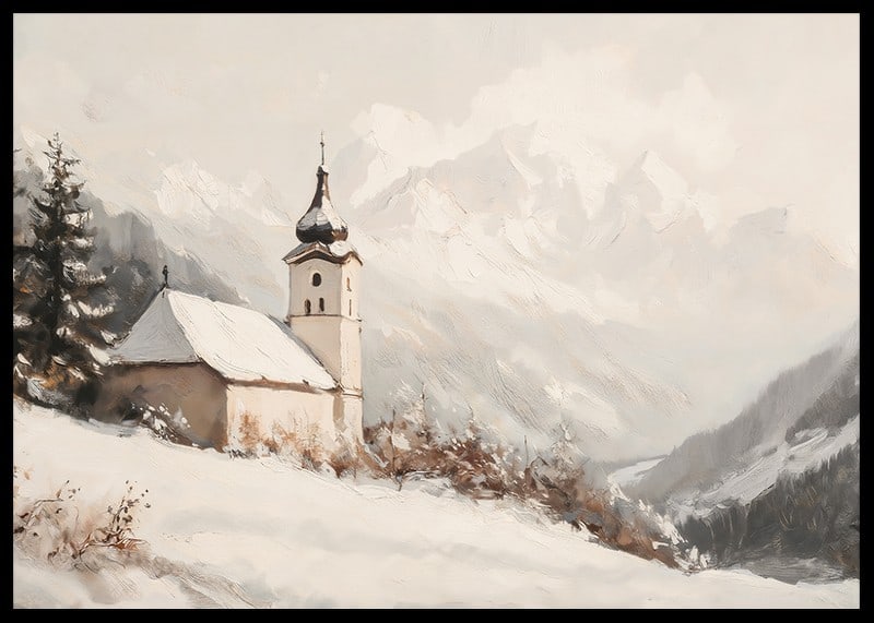 A poster with a quiet church surrounded by a snow-covered alpine landscape, which radiates calm and peace.-12