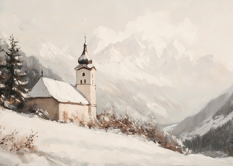 A poster with a quiet church surrounded by a snow-covered alpine landscape, which radiates calm and peace.-12