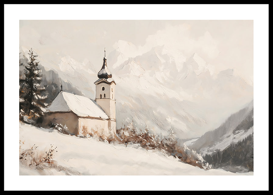 A poster with a quiet church surrounded by a snow-covered alpine landscape, which radiates calm and peace.-12