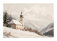 A poster with a quiet church surrounded by a snow-covered alpine landscape, which radiates calm and peace.-1