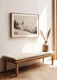 A poster with a quiet church surrounded by a snow-covered alpine landscape, which radiates calm and peace.-8