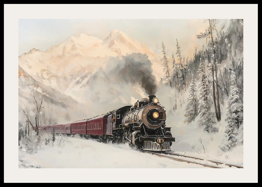  A poster of a steam locomotive traveling through a snow-covered mountain landscape.-12
