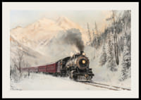  Ein Poster einer Dampflokomotive, die durch eine schneebedeckte Berglandschaft fährt.-2