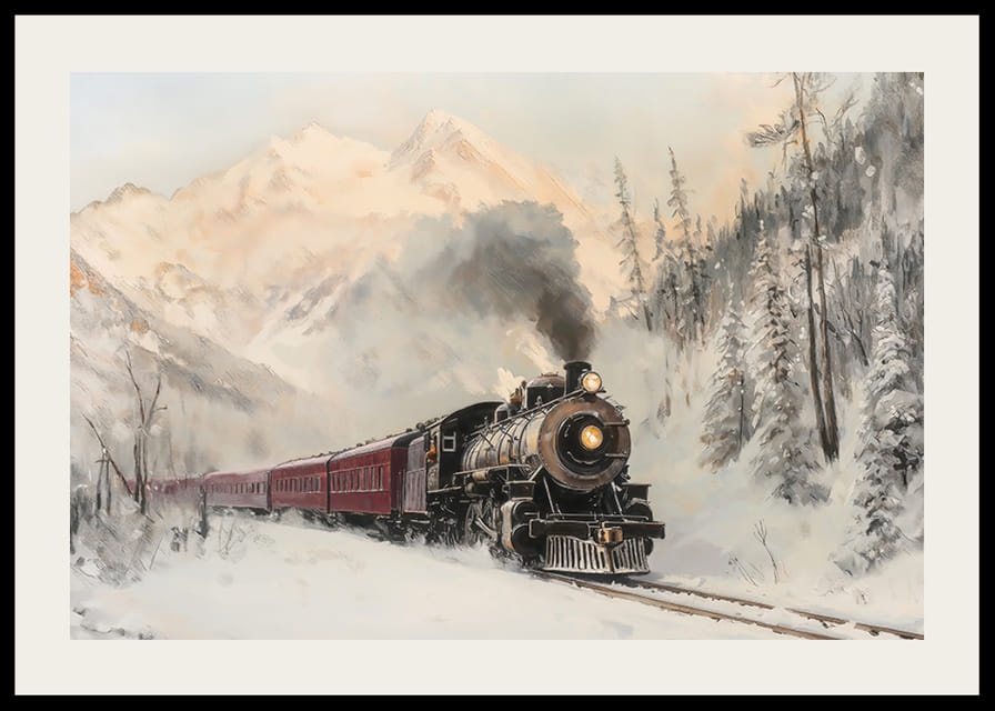  Ein Poster einer Dampflokomotive, die durch eine schneebedeckte Berglandschaft fährt.-12
