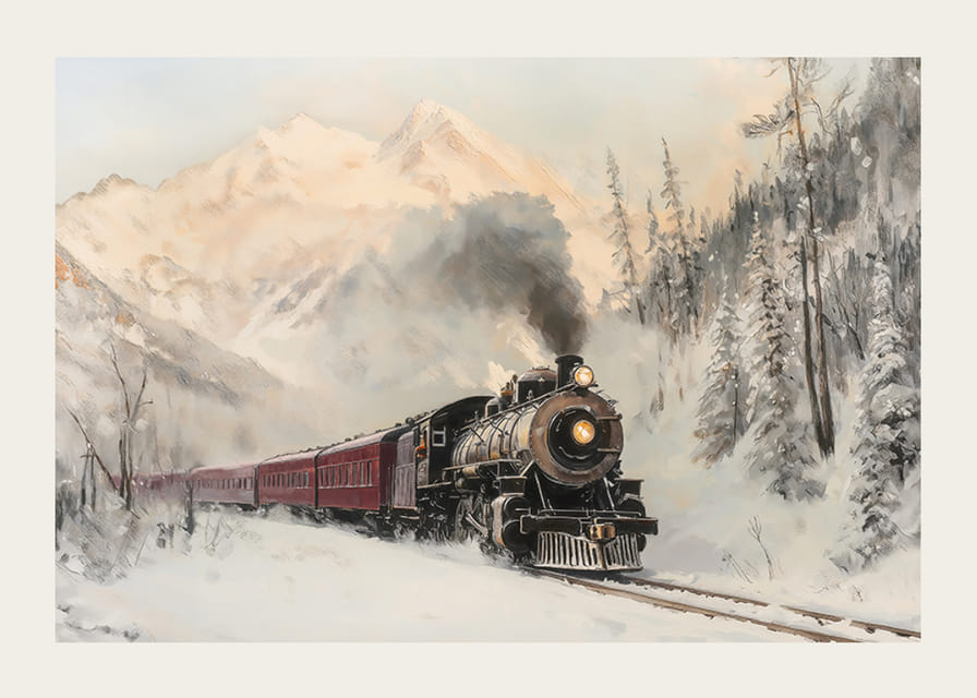  Ein Poster einer Dampflokomotive, die durch eine schneebedeckte Berglandschaft fährt.-12
