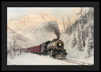  Affiche représentant une locomotive à vapeur traversant un paysage montagneux enneigé.-4