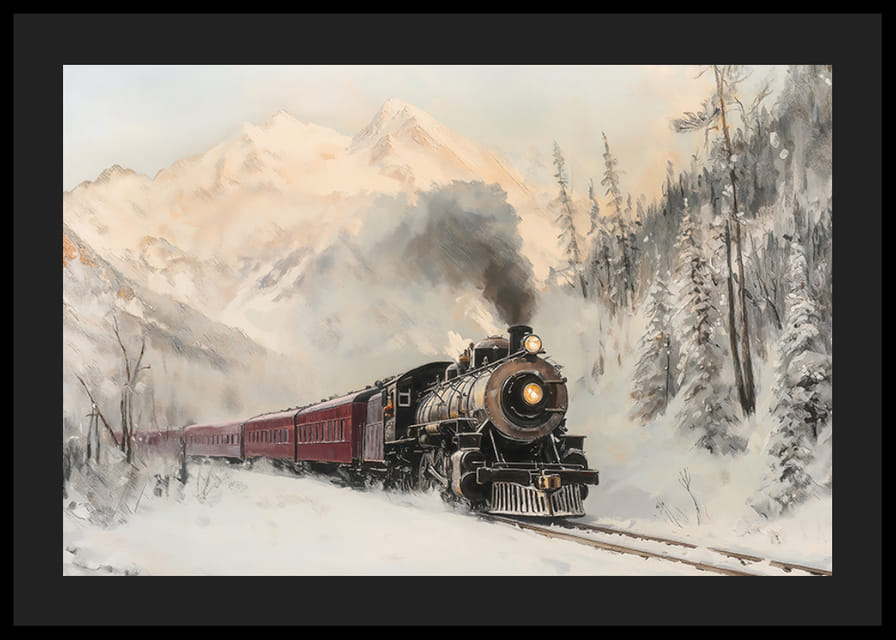  Ein Poster einer Dampflokomotive, die durch eine schneebedeckte Berglandschaft fährt.-12