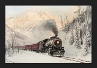  A poster of a steam locomotive traveling through a snow-covered mountain landscape.-5