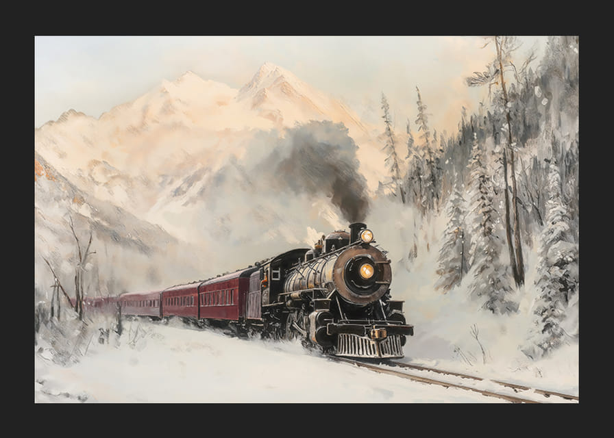  Ein Poster einer Dampflokomotive, die durch eine schneebedeckte Berglandschaft fährt.-12
