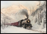 Affiche représentant une locomotive à vapeur traversant un paysage montagneux enneigé.-6