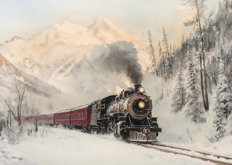  Affiche représentant une locomotive à vapeur traversant un paysage montagneux enneigé.-12