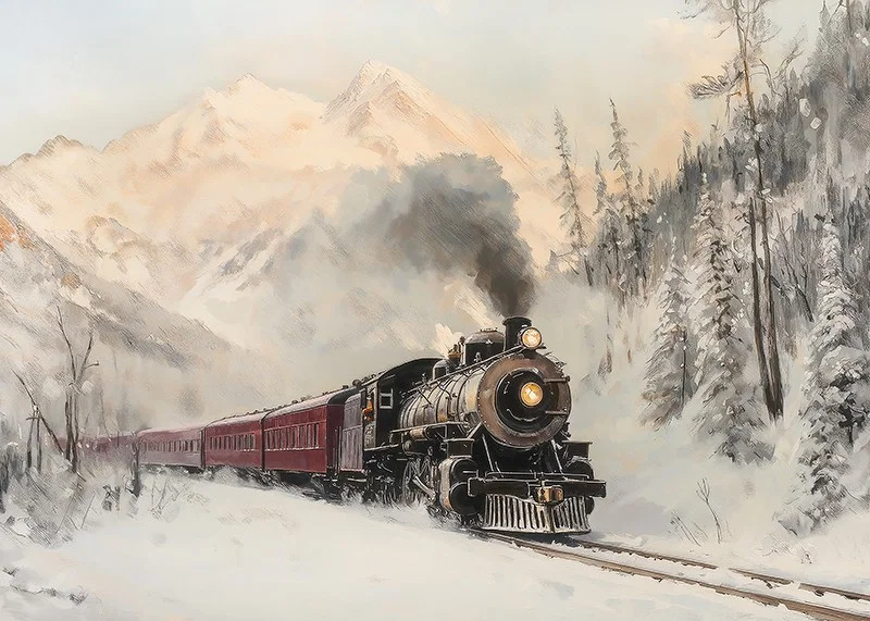  A poster of a steam locomotive traveling through a snow-covered mountain landscape.-12
