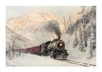  Affiche représentant une locomotive à vapeur traversant un paysage montagneux enneigé.-1