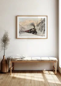  A poster of a steam locomotive traveling through a snow-covered mountain landscape.-8