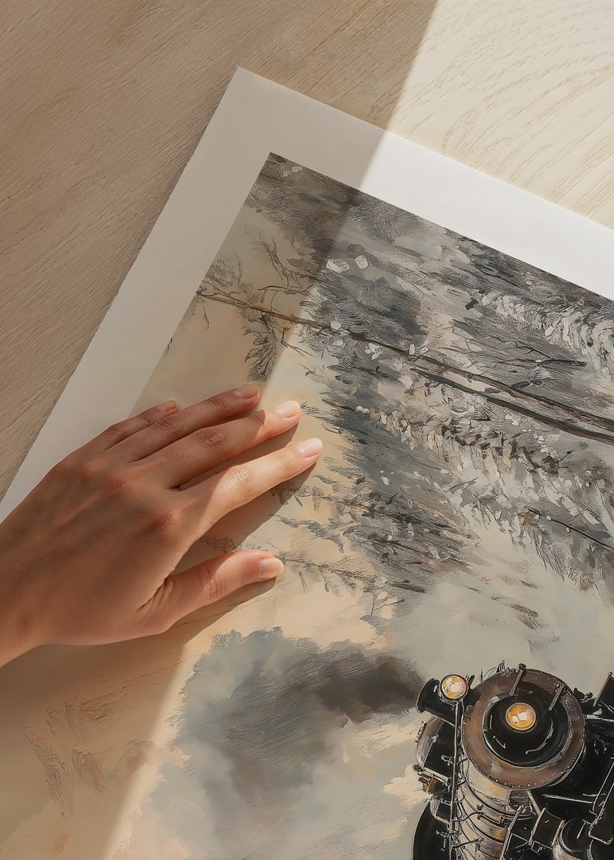  Affiche représentant une locomotive à vapeur traversant un paysage montagneux enneigé.-12