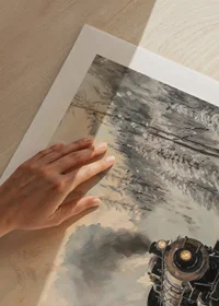  A poster of a steam locomotive traveling through a snow-covered mountain landscape.-9