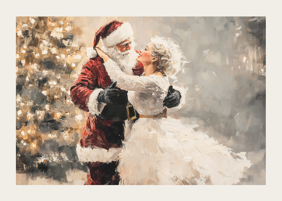  Une affiche romantique où le Père Noël et sa bien-aimée partagent une danse magique devant un sapin de Noël.-12