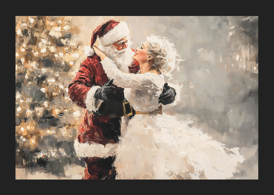  Une affiche romantique où le Père Noël et sa bien-aimée partagent une danse magique devant un sapin de Noël.-12