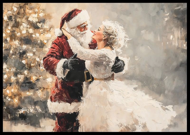  Romantický plagát, na ktorom Santa a jeho milovaná zdieľajú magický tanec pred vianočným stromčekom.-12