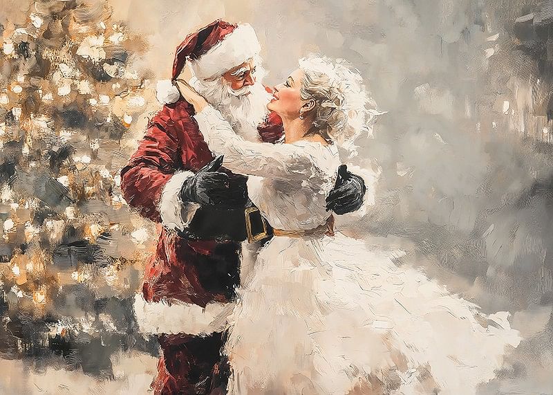  Romantický plagát, na ktorom Santa a jeho milovaná zdieľajú magický tanec pred vianočným stromčekom.-12