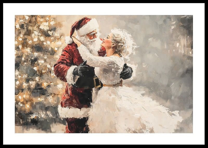  Romantický plagát, na ktorom Santa a jeho milovaná zdieľajú magický tanec pred vianočným stromčekom.-12