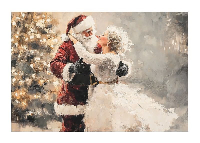  Romantický plagát, na ktorom Santa a jeho milovaná zdieľajú magický tanec pred vianočným stromčekom.-12