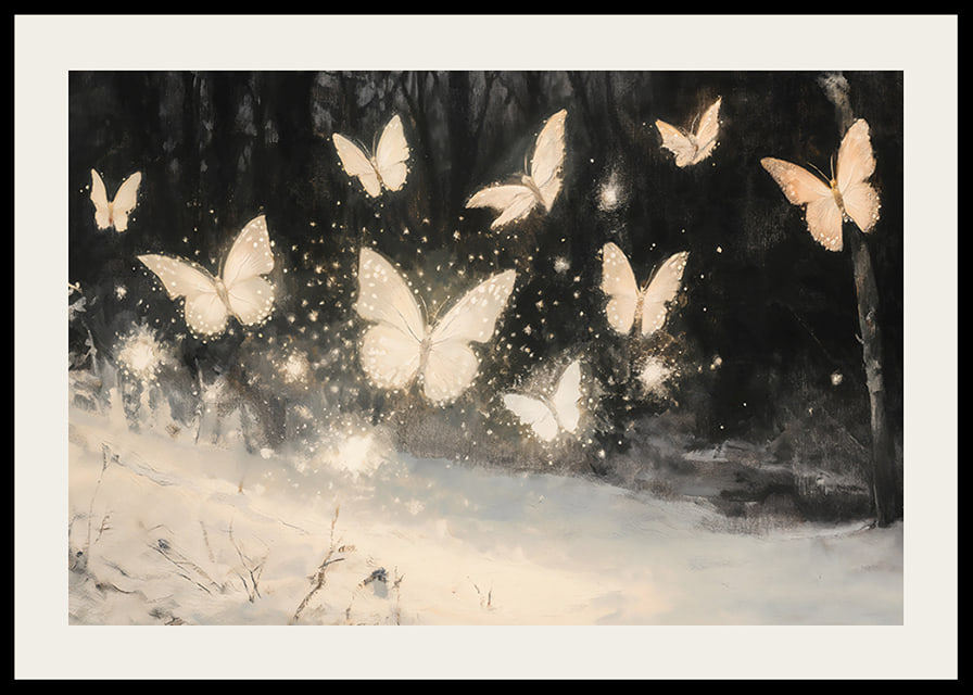 A poster of luminous butterflies hovering over a snow-covered landscape, lighting up the winter night.-12