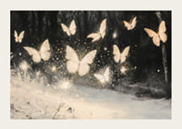 A poster of luminous butterflies hovering over a snow-covered landscape, lighting up the winter night.-3