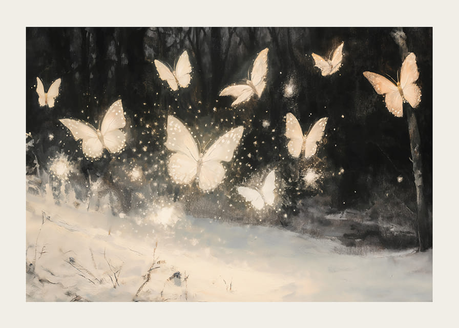 Ein Poster mit leuchtenden Schmetterlingen, die über einer schneebedeckten Landschaft schweben und die Winternacht erhellen.-12