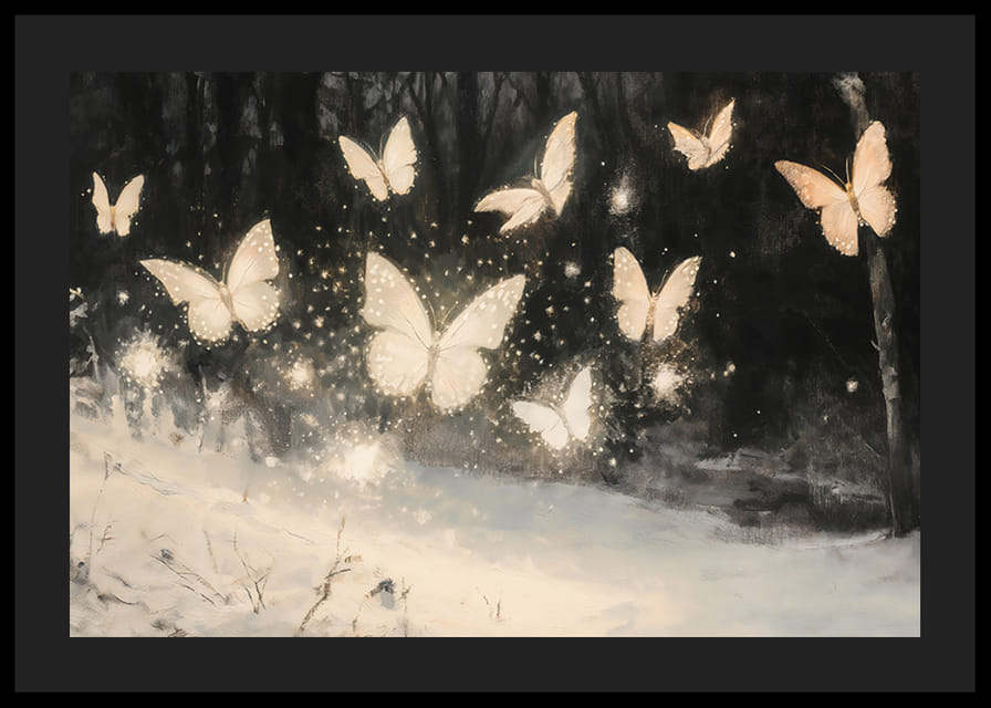 Ein Poster mit leuchtenden Schmetterlingen, die über einer schneebedeckten Landschaft schweben und die Winternacht erhellen.-12