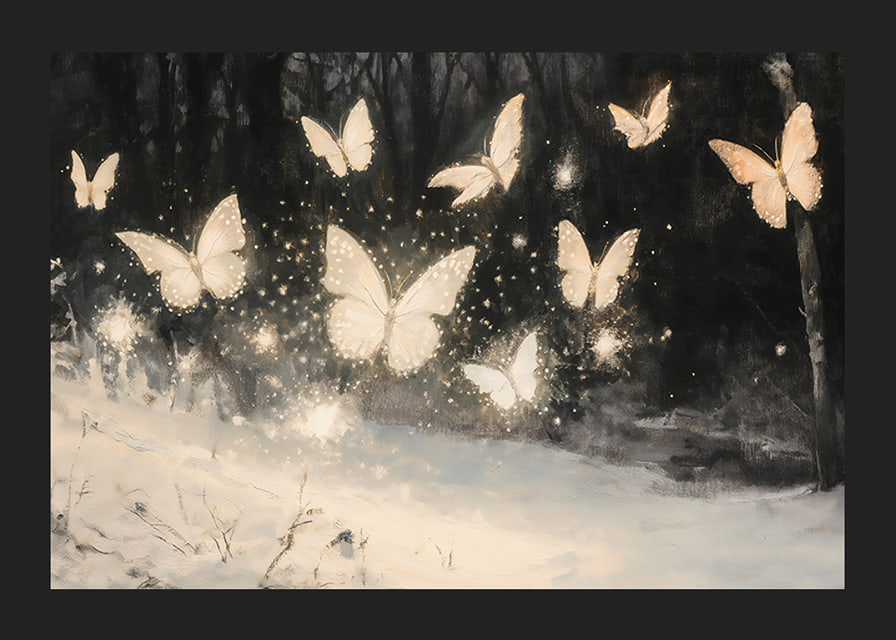 A poster of luminous butterflies hovering over a snow-covered landscape, lighting up the winter night.-12
