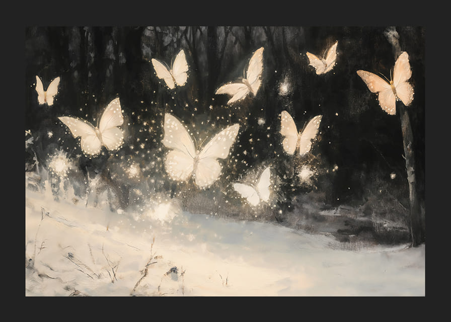 Ein Poster mit leuchtenden Schmetterlingen, die über einer schneebedeckten Landschaft schweben und die Winternacht erhellen.-12