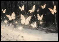 A poster of luminous butterflies hovering over a snow-covered landscape, lighting up the winter night.-6