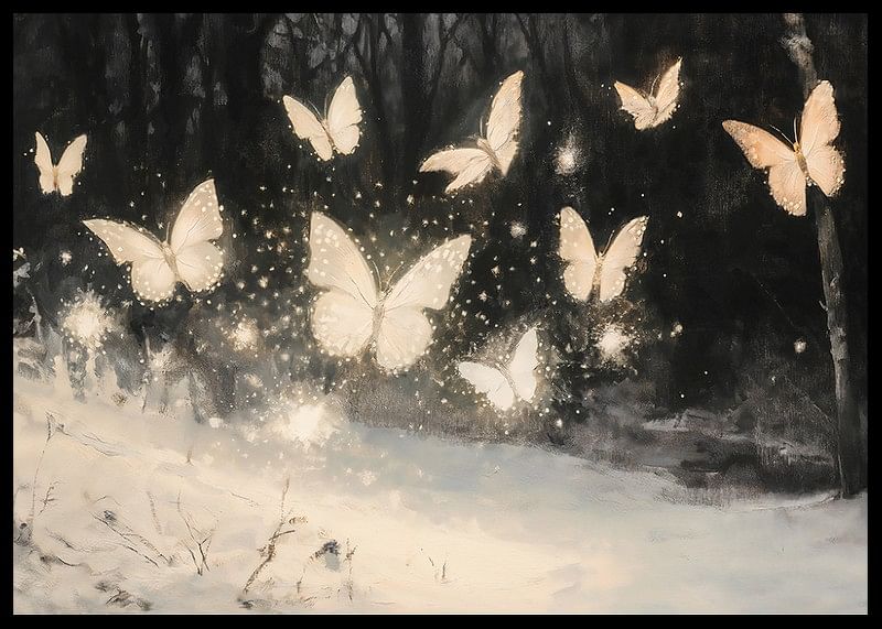 A poster of luminous butterflies hovering over a snow-covered landscape, lighting up the winter night.-12