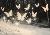 A poster of luminous butterflies hovering over a snow-covered landscape, lighting up the winter night.-7