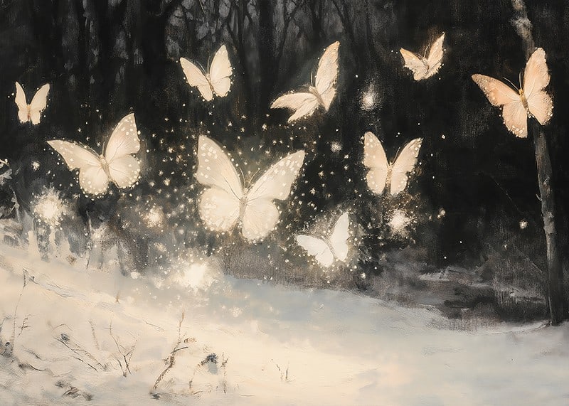 A poster of luminous butterflies hovering over a snow-covered landscape, lighting up the winter night.-12