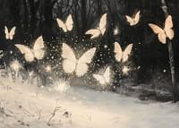 A poster of luminous butterflies hovering over a snow-covered landscape, lighting up the winter night.-3