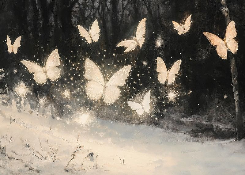 A poster of luminous butterflies hovering over a snow-covered landscape, lighting up the winter night.-12