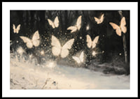 A poster of luminous butterflies hovering over a snow-covered landscape, lighting up the winter night.-0