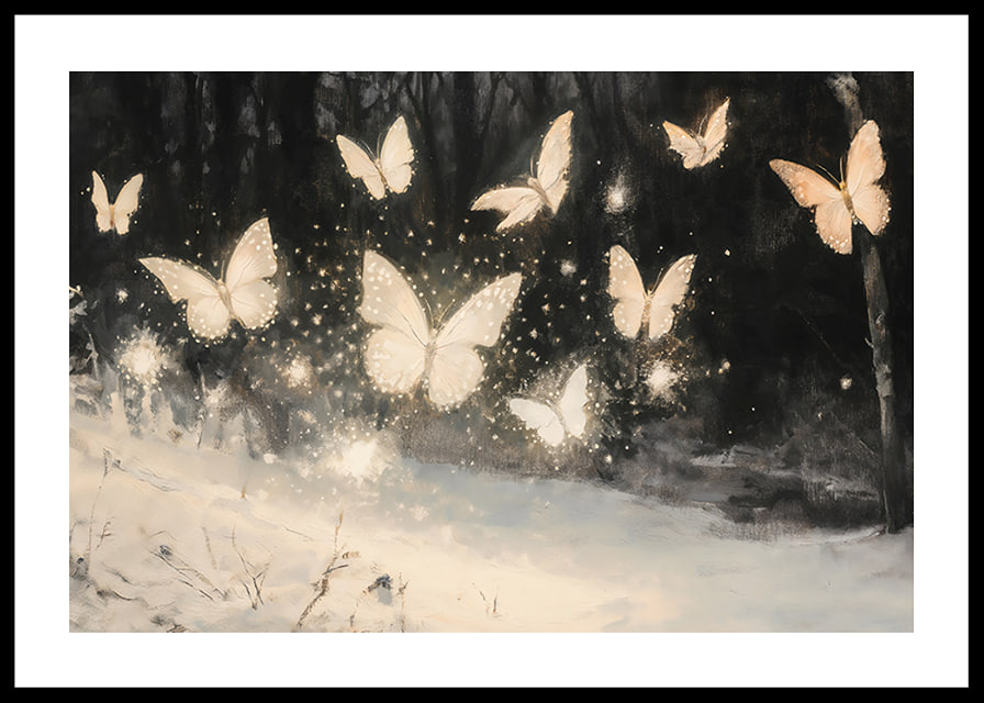 A poster of luminous butterflies hovering over a snow-covered landscape, lighting up the winter night.-12