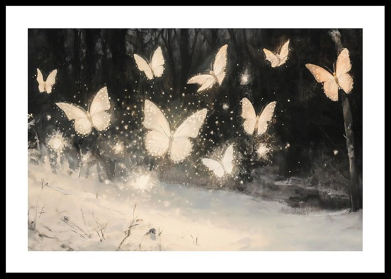 A poster of luminous butterflies hovering over a snow-covered landscape, lighting up the winter night.-12