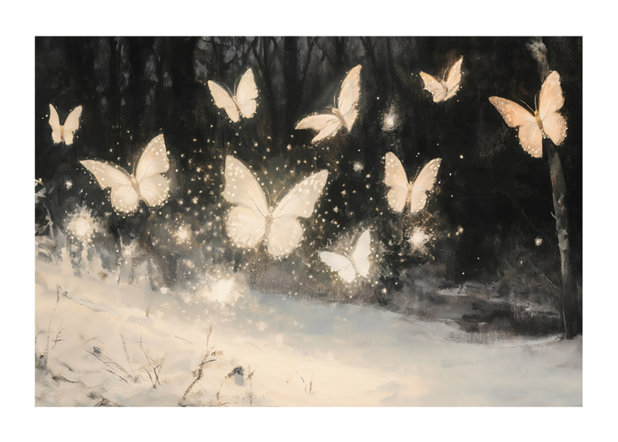 A poster of luminous butterflies hovering over a snow-covered landscape, lighting up the winter night.-12