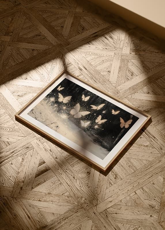 A poster of luminous butterflies hovering over a snow-covered landscape, lighting up the winter night.-12