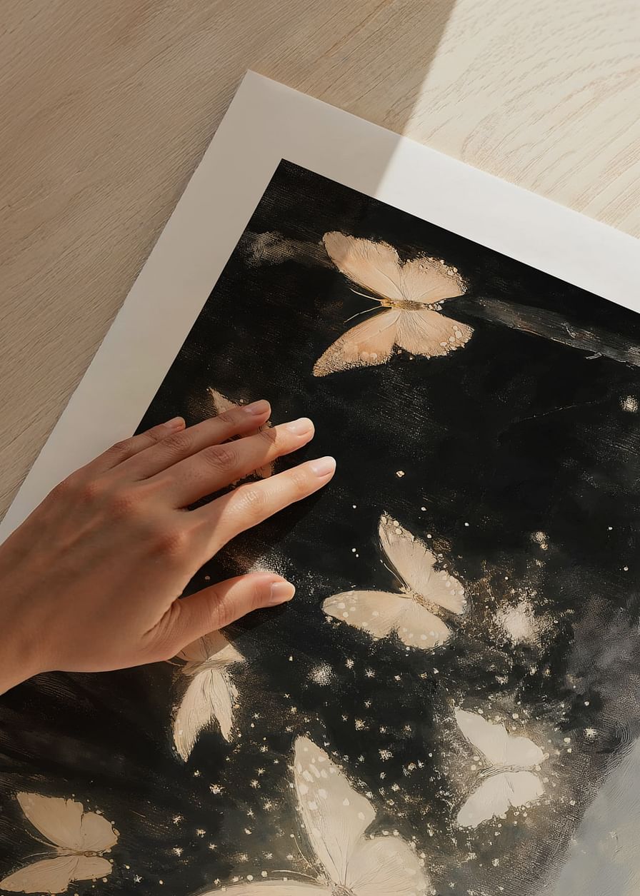 A poster of luminous butterflies hovering over a snow-covered landscape, lighting up the winter night.-12