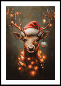  Een poster met een rendier met een kerstmuts en lichtslingers die het gewei verlichten.-2