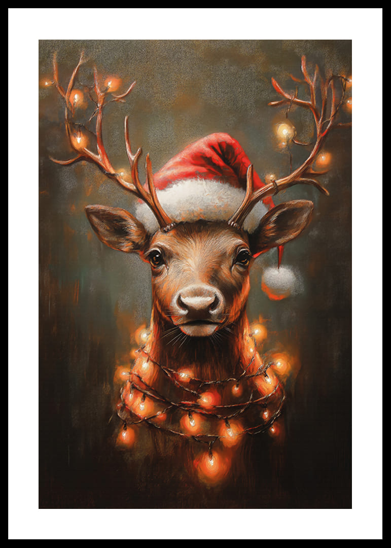  Een poster met een rendier met een kerstmuts en lichtslingers die het gewei verlichten.-12