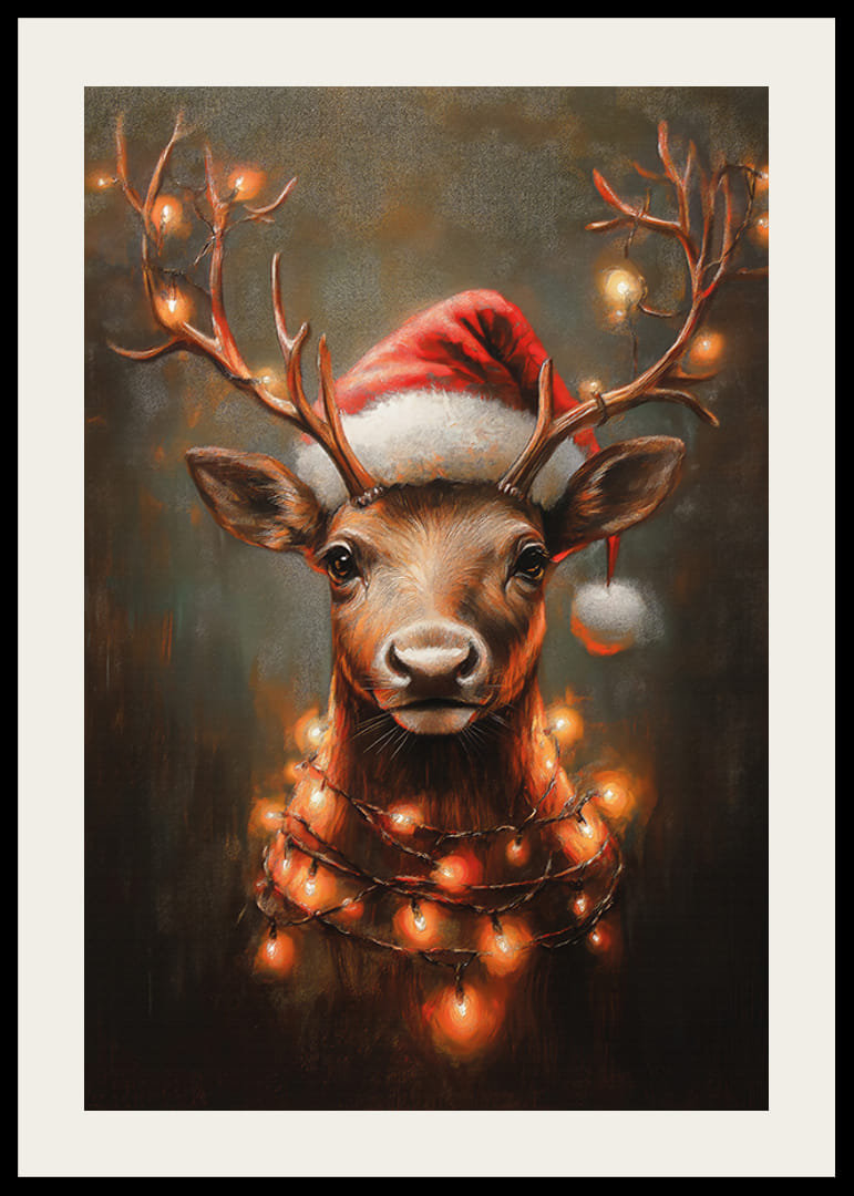  Een poster met een rendier met een kerstmuts en lichtslingers die het gewei verlichten.-12