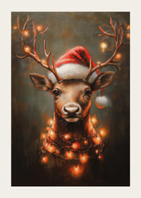  Een poster met een rendier met een kerstmuts en lichtslingers die het gewei verlichten.-5