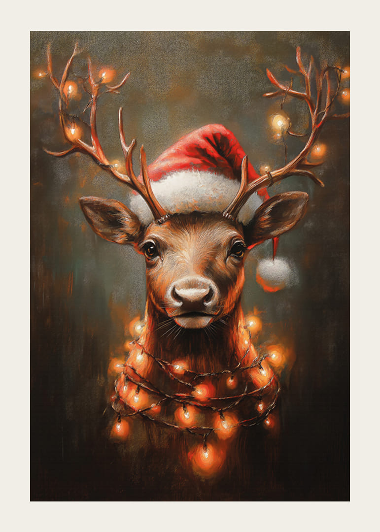  Een poster met een rendier met een kerstmuts en lichtslingers die het gewei verlichten.-12